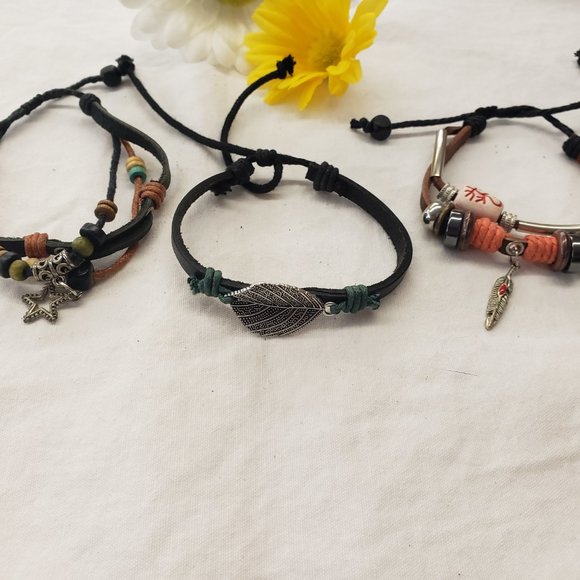 SOLD Trio of leather toggle charm style hippy Boho bracelets - Picture 2 of 5